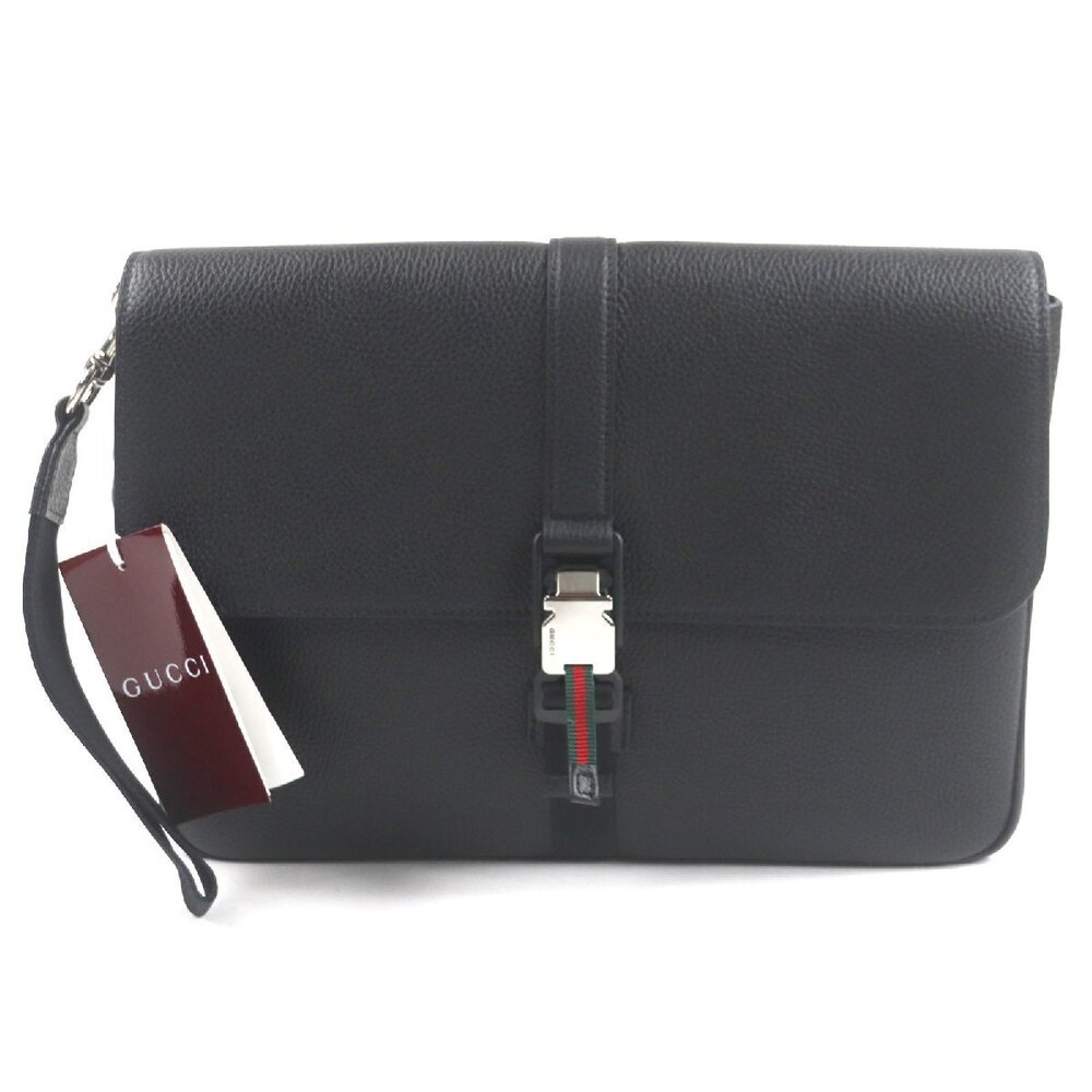 GUCCI Web Stripe Leather Flap Business Case Clutch Bag Black